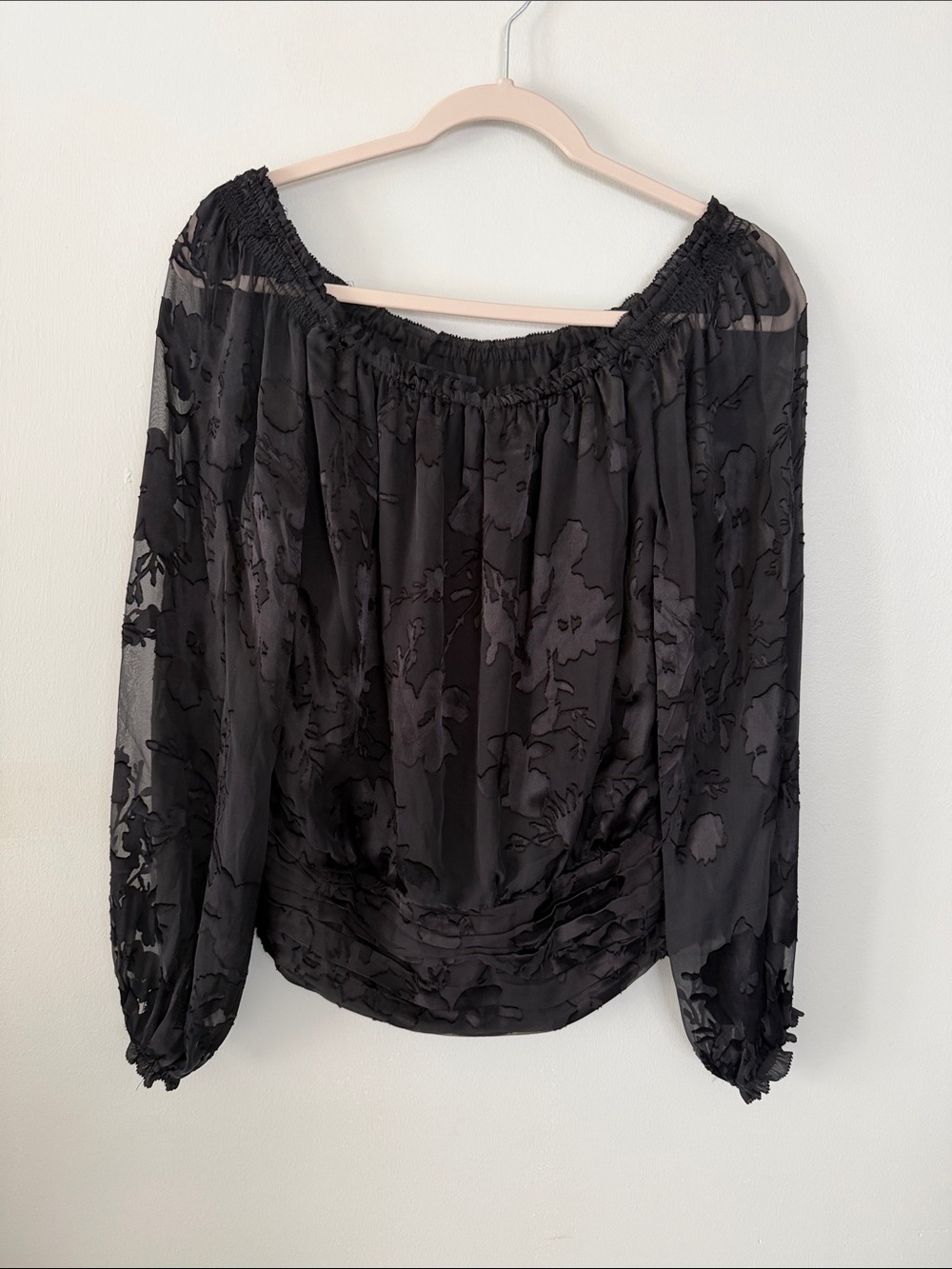 White House Black Market Black Sheer Floral Off-Shoulder Top